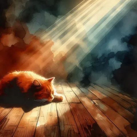 Ginger Cat Sleeping in Sunbeam Minimalist Watercolor