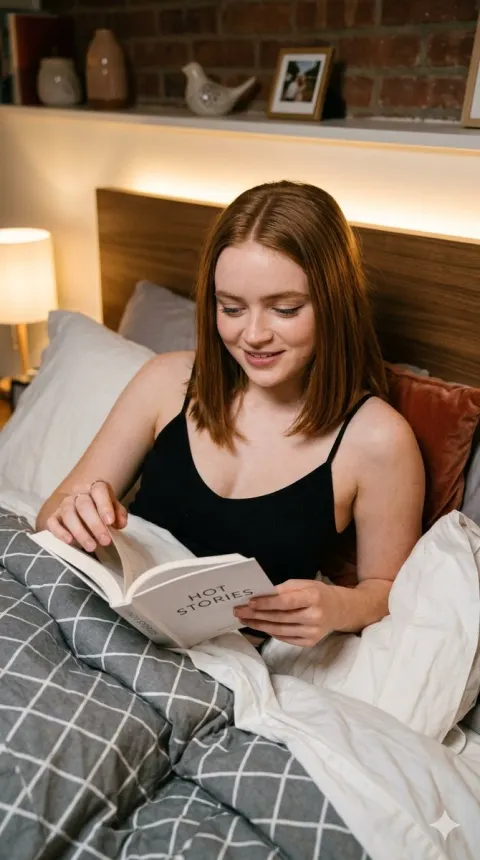 Young Woman Reading in Bed