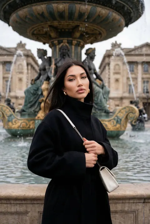 Woman in Black by Ornate Fountain