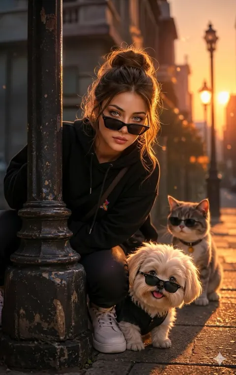 Chic Woman Pets Golden Hour