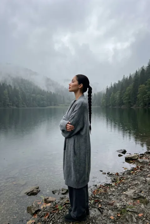 Serene Woman at Misty Mountain Lake