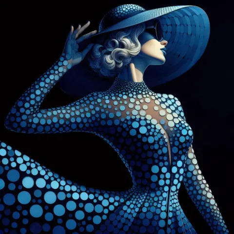 Stylized Woman in Blue Polka Dot Dress Watercolor