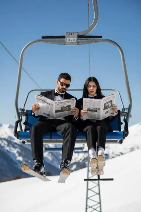 A man and a woman in formal black suits sit on an open ski lift chair while reading newspapers against a snowy mountain backdrop.