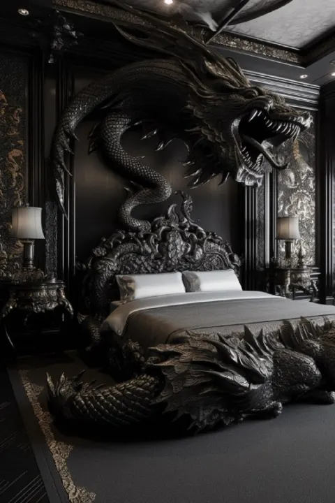 French Bedroom With Dragon Sculpture in Black Tones
