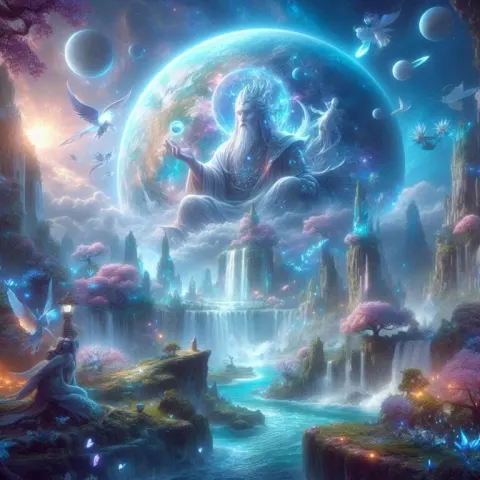 Utopian Planet With God of Peace and Magic Waterfall