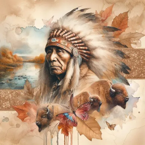 Native American Elder in War Bonnet With Buffalo