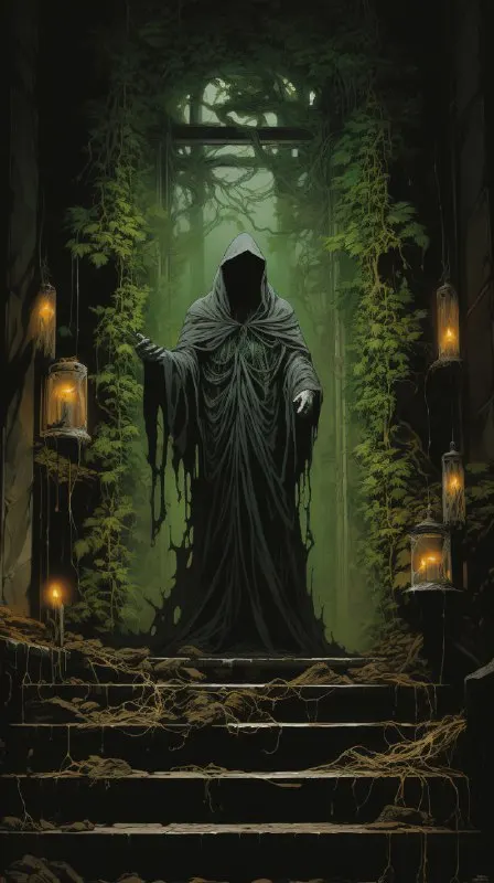 Vine Covered Statue With Handbell Manga Scene