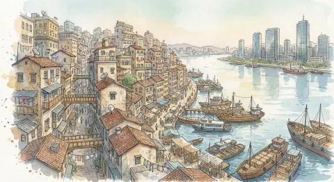 Fantasy Watercolor Hillside Harbor City
