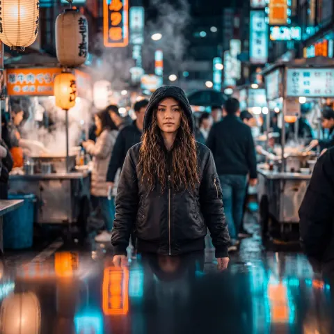 Neon Night Market Cinematic Portrait