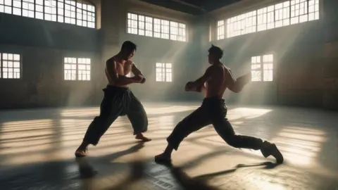 Martial Artists Fighting in Dusty Hall