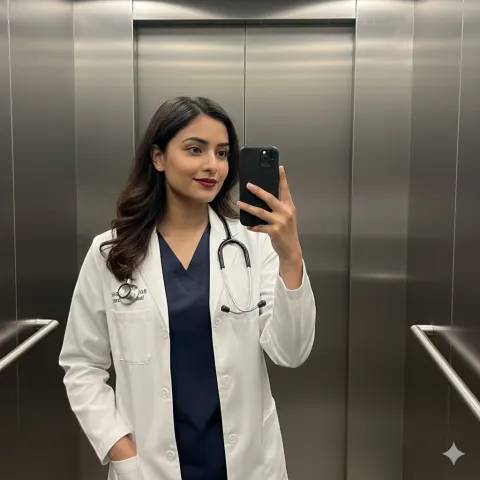 Confident Female Doctor Elevator Mirror Selfie