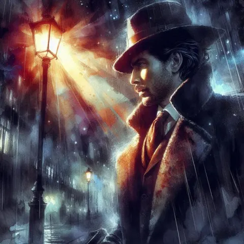Film Noir Man Under Streetlight Gothic Watercolor