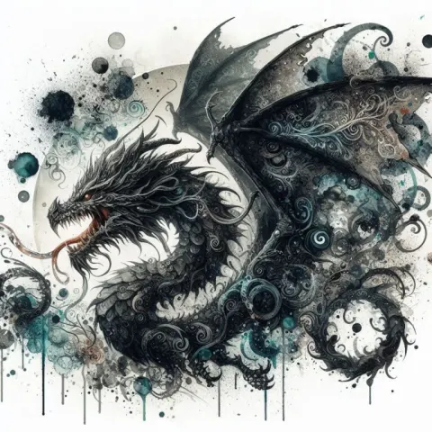 Whimsical Dark Fantasy Dragon With Watercolor Splatter