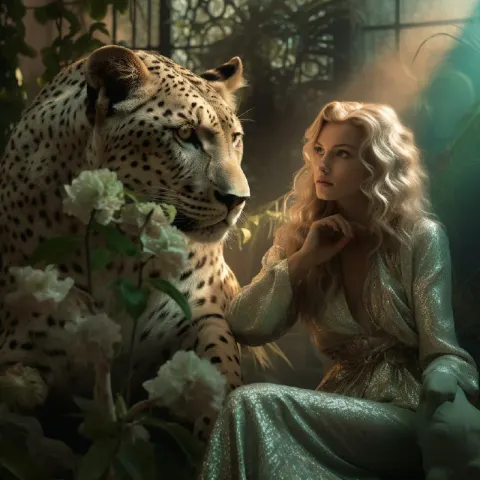 Woman Posing With Leopard in Pastel Fantasy Garden