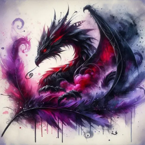 Black and Red Dragon Painted on Purple Feather