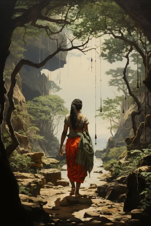 African Healer Woman Trekking Jungle Path Profile