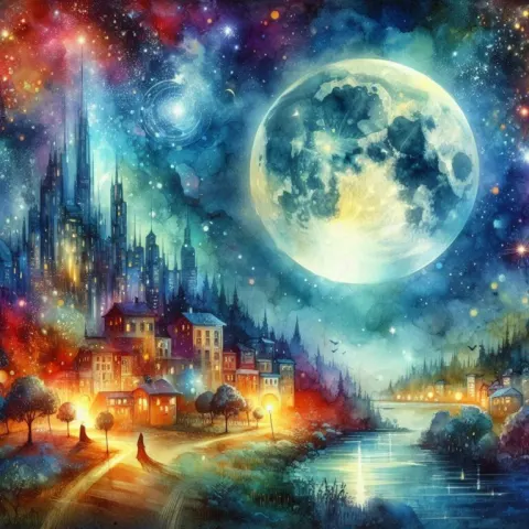 Full Moon Casting Glow Over Sleeping City Watercolor
