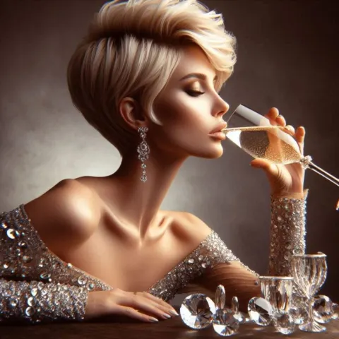 Pixie Haired Blonde on Champagne Glass Rim Surreal