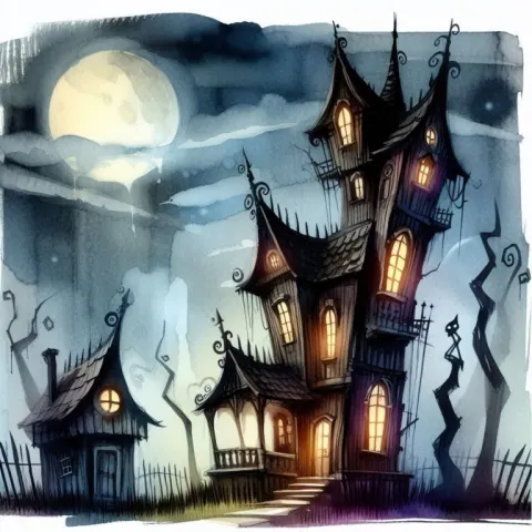 Crooked Haunted House Watercolor Under Full Moon