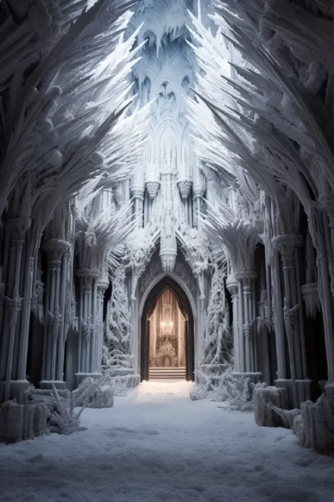 Frosted Gothic Ice Cathedral With Snow Falling Inside