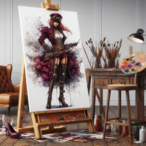 Easel Painting of Steampunk Girl in Burgundy Attire