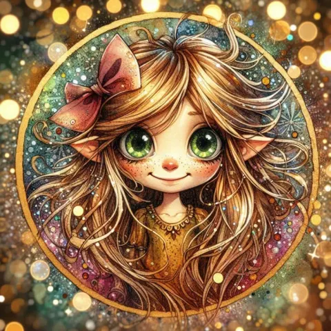 Mischievous Pixie Girl in Golden Frame Batik Art