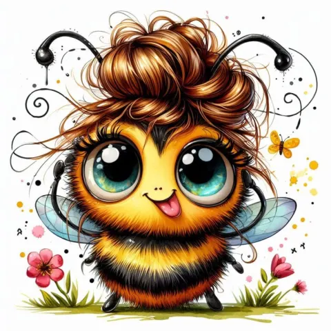 Quirky Bumblebee With Messy Bun Kids Cartoon Art