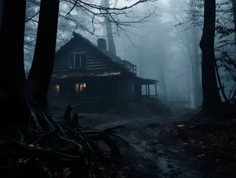 Haunted House in Misty Dark Blue Forest Photograph