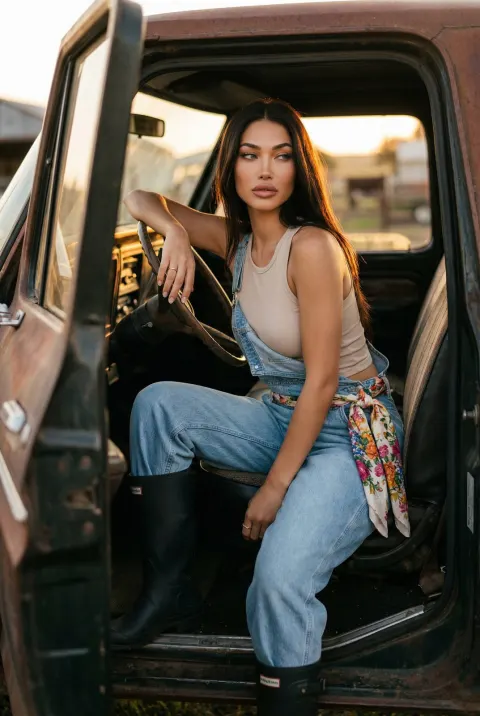 Sunset Girl in Rusty Truck