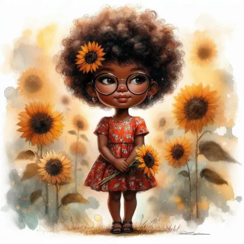 African American Girl in Sunflower Field Watercolor