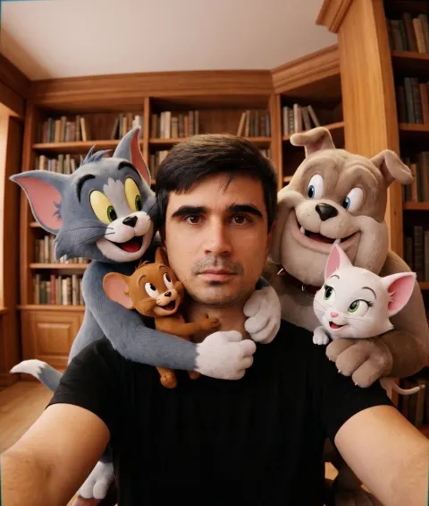 Joyful Selfie with Cartoon Icons