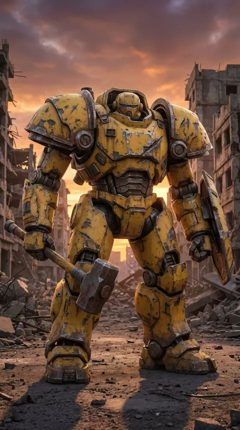 Battle-Scarred Mech in Ruins