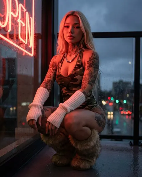 Neon Rain Tattooed Woman Portrait