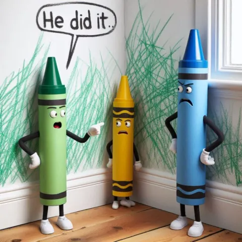 Anthropomorphic Crayons Whispering He Did It Scene