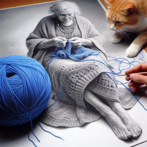 Pencil Sketch of Elderly Woman Crocheting Blue Shawl