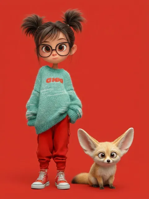 Cute Girl with Sleepy Fennec Fox