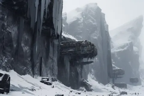 Angular Black Futuristic Structures in Snowy Mountain