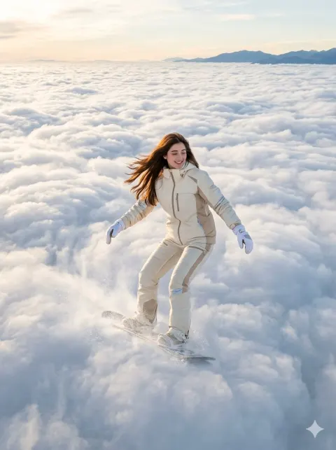 Girl Snowboarding On Ethereal Clouds