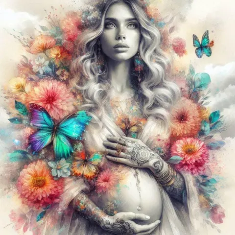 Double Exposure Hands on Pregnant Belly With Flowers