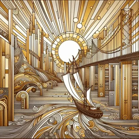 Boat Under Bridge at Dawn in Golden Klimt Style