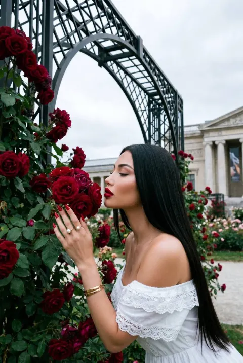 White Dress Beauty in Rose Garden