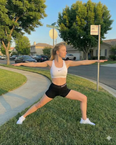 Blonde Woman Lunge Stretch at Golden Hour