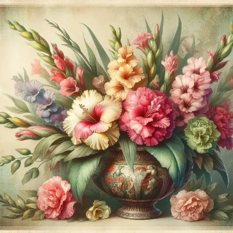 Gladiolus and Carnation Bouquet in Vintage Vase