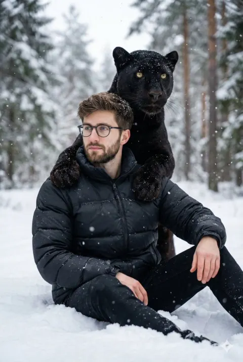 Man with Black Panther in Snow