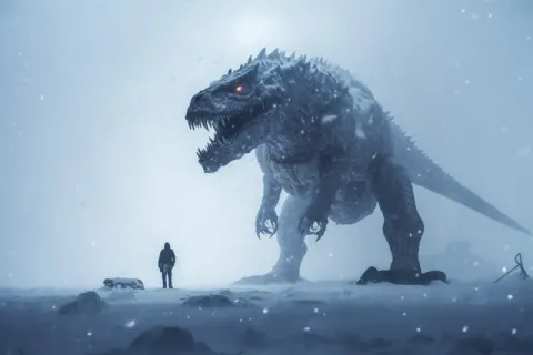 Tiny Man Facing Giant Frozen Alien Hybrid in Snowstorm