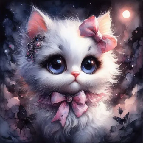 White Kitten With Pink Bow Ethereal Watercolor Art