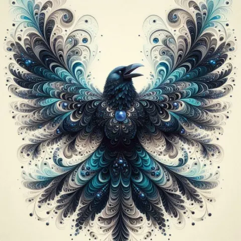 Crow With Fractal Blue Feathers Swirls and Gems
