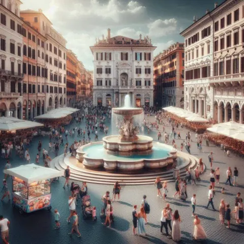 Lively Italian Square With Marble Fountain in Summer