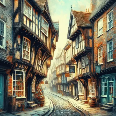 Whimsical Acrylic Art of the Shambles Street in York