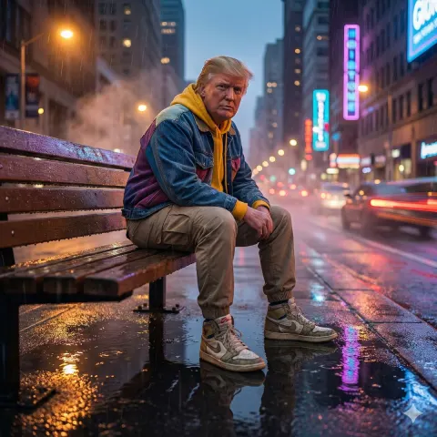 Neon Rain Night Bench Portrait